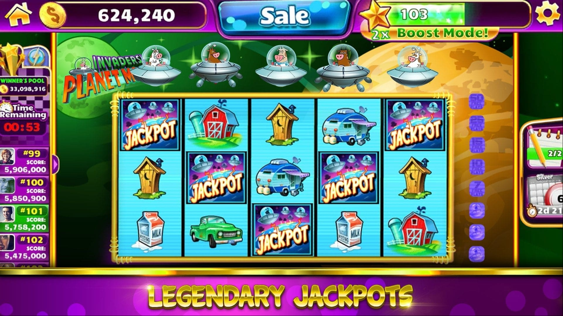 Jackpot scatter symbols on Invader from Planet Moolah slot machine